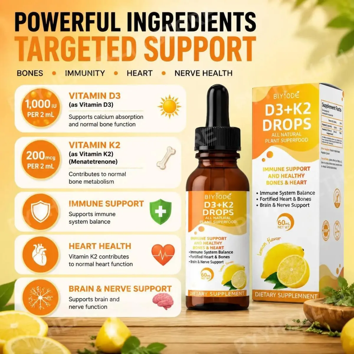 Vitamin D3 K2 Liquid Drops Calcium Absorption and Bone Support 1000 IU D3 with K2 Lemon Flavor 60 ml 30 Servings