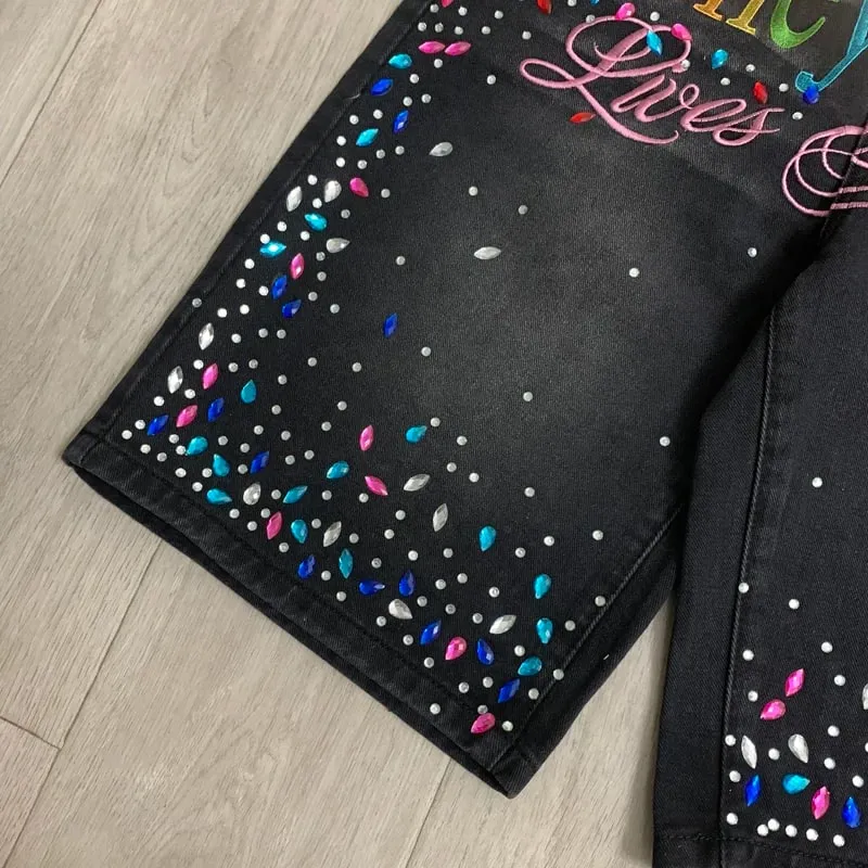2026 Latest Style VALLEY Shiny Diamond Logo Denim Shorts Vintage Washed Men Women High Quality Fashion Skinny Jeans