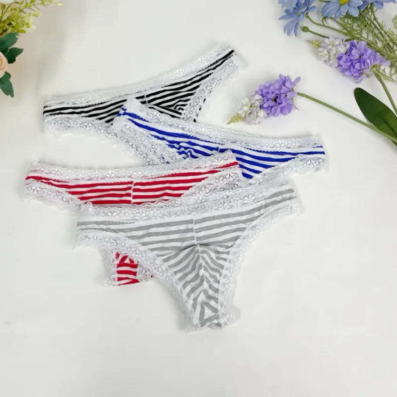 Men Lace Trim Striped G-string Underwear Half-covered Butt Low-rise Pantie Thong Half Hip Men Briefs Mens Sexy Underwear