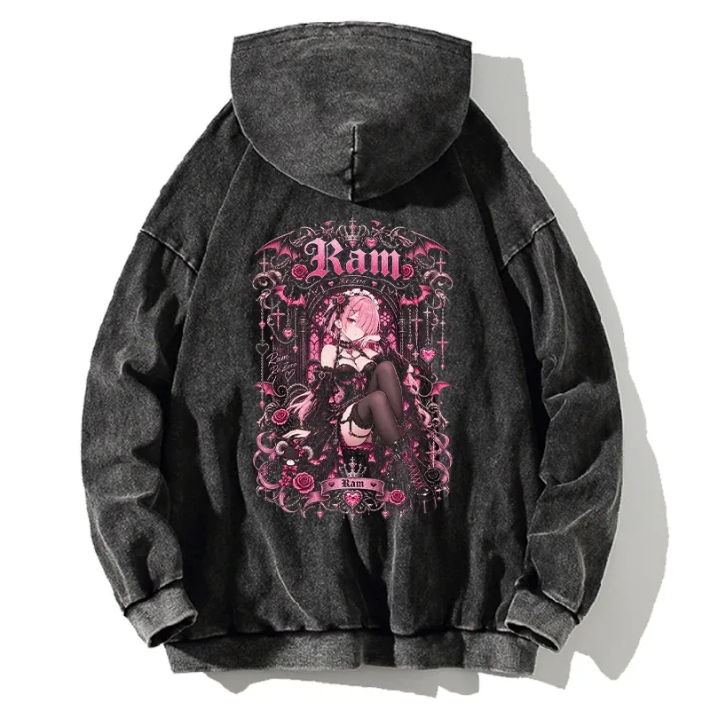Anime Re:Zero Ram gothique sweats à capuche Vintage lavé Streetwear hommes femmes vêtements automne manches longues surdimensionné 100% coton haut à capuche — image 2
