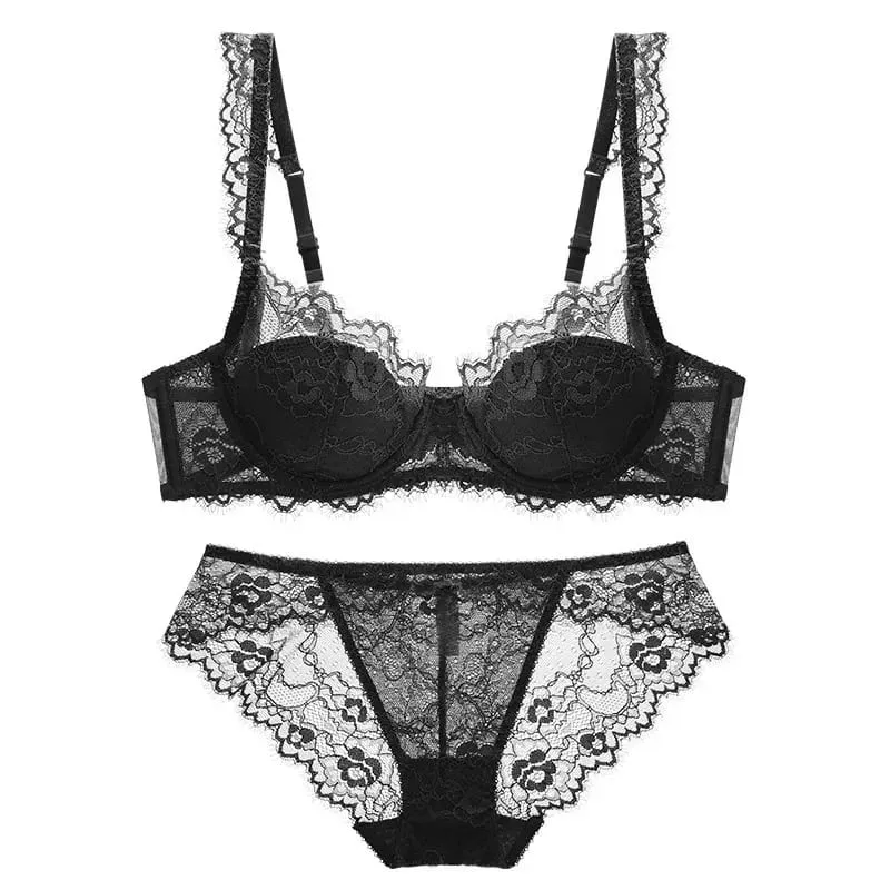 Women Sexy Lace Bra Set Padded Push Up Bra and Panty Set Elegant Ladies Brief Set Thin See Through Underwear — image 4