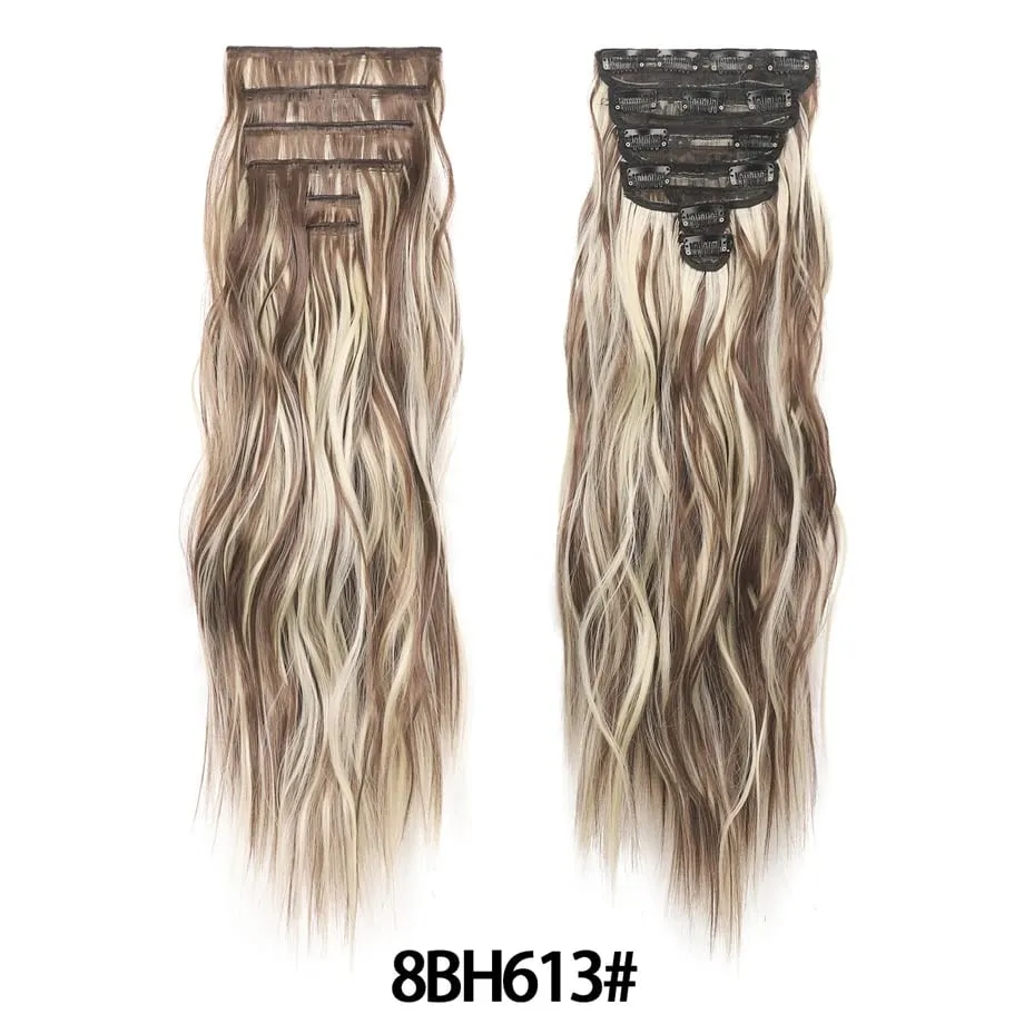 6PCS Clip in Hair Extensions Honey Blonde Mixed Light Brown 24 Inch Long Water Wavy Synthetic Hair Extensions For Women Use