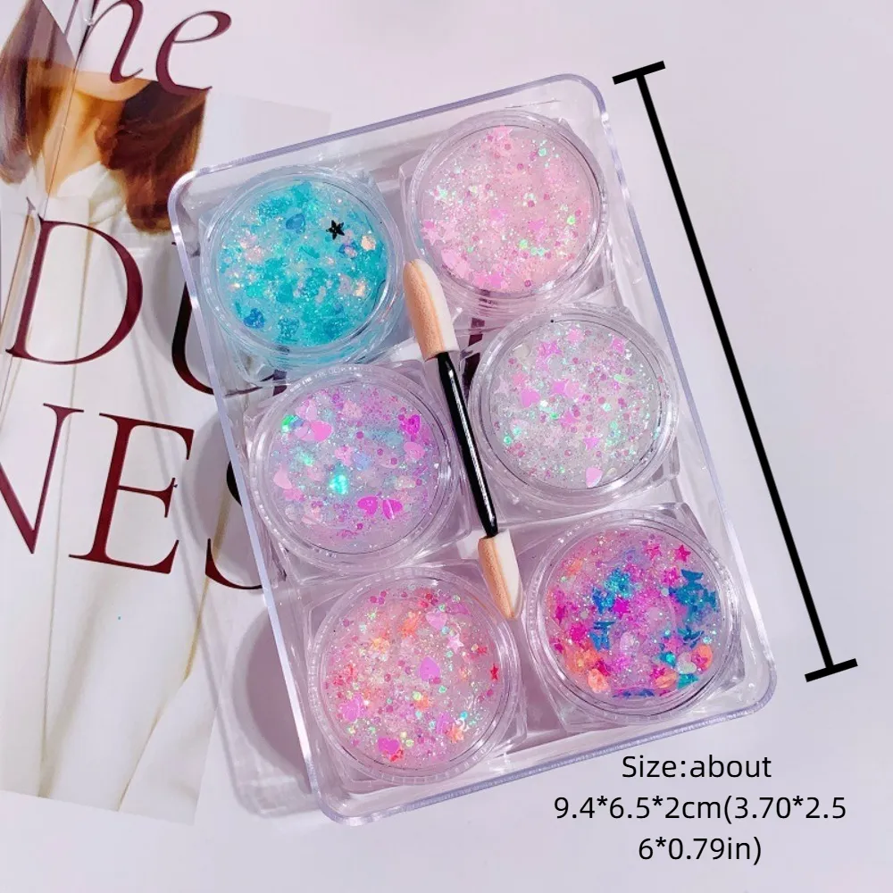 6Pcs/Set Sparkly Colorful Eye Glitter Gel Festival Glitter Face Hair Sequin Gel Cream Heart Star Moon Sequins