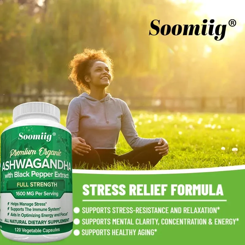 Ashwagandha Root Extract Capsules 1600mg with Black Pepper Stress Relief Brain Clarity Focus Energy & Sleep Health Support