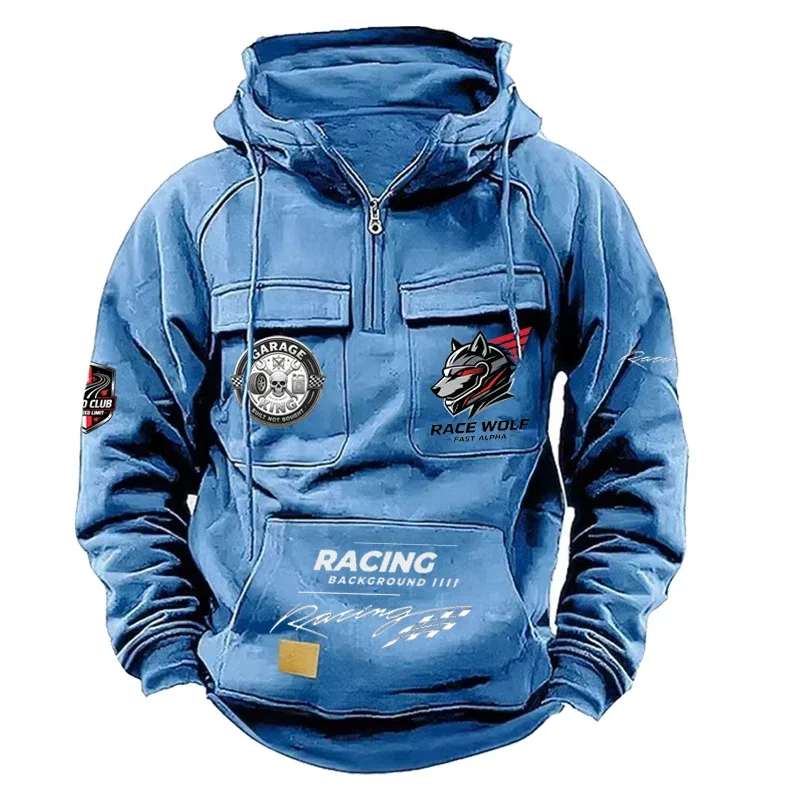 Men's Racing Suit With Large Pockets And Hooded Pullover. Men's Multi-pocket Outdoor Camping Hiking Sports Casual Jacket.