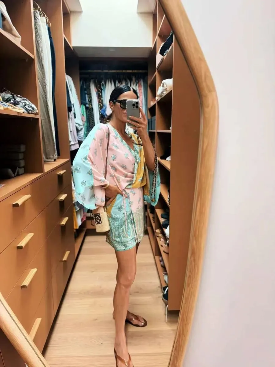 Bohemian Color Block Paisley Print Kimono Wrap Mini Dress Women V Neck 3/4 Sleeve Beach Cover Up Casual Short Dresses Summer 202