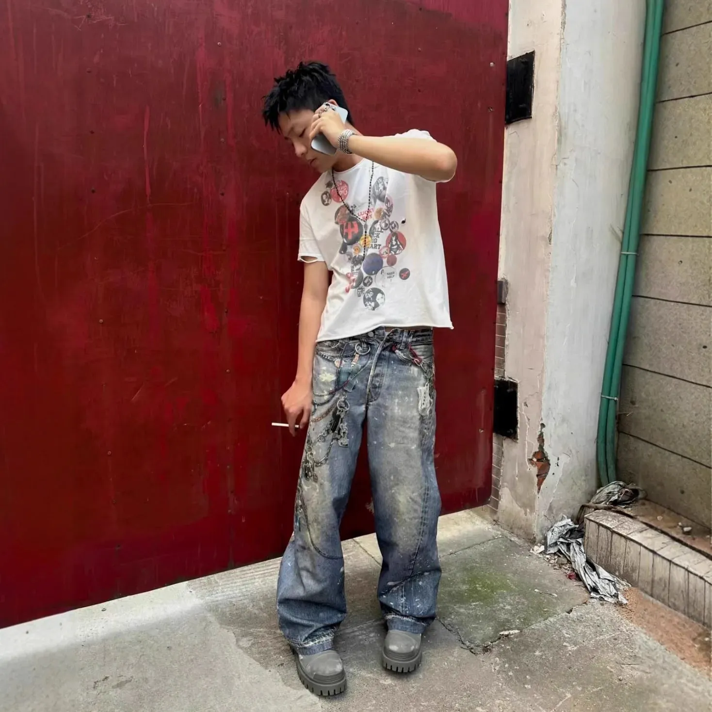 Street 3D Printed Candy Chain Denim Washed Jeans Baggy Fashion Curved Blade Harem Jeans Pants Men Y2k Wide Leg Trousers