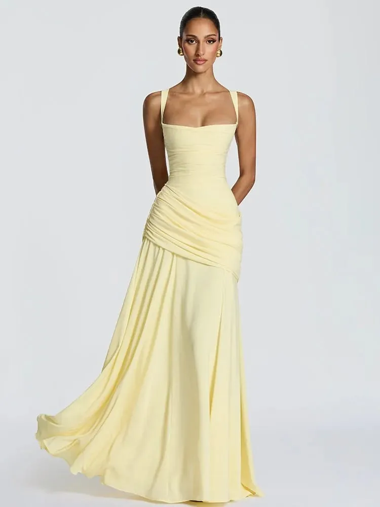 Sexy Solid Pleated Sling Dress Women Elegant Square Neck Sleeveless Waist-cinching Maxi Dresses 2026 New Summer Lady Party Robe — image 3