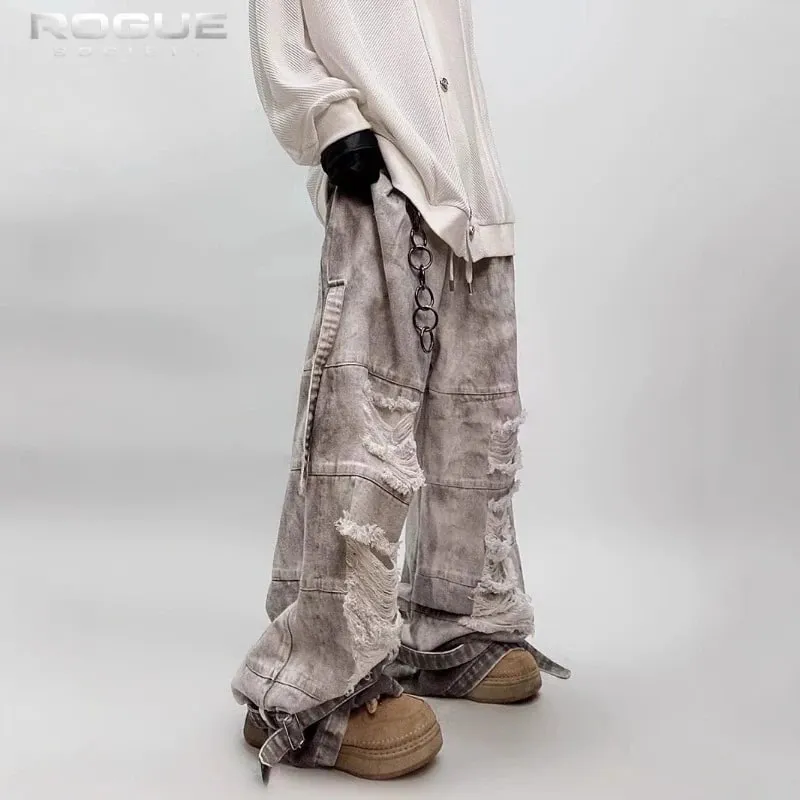 Y2K High Street Dyed Jeans Unisex Vintage Washed Distressed Wide Denim Pants Hip Hop Streetwear Grunge Punk Trousers Harajuku