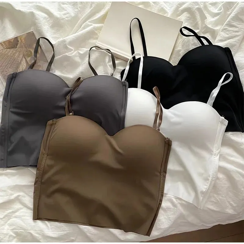 Ladies Thin Ice Silk Camisole Vest French Back Integrated Fixed Cup Traceless Vest Inside Match Outside Wear Short Hot Girl Top