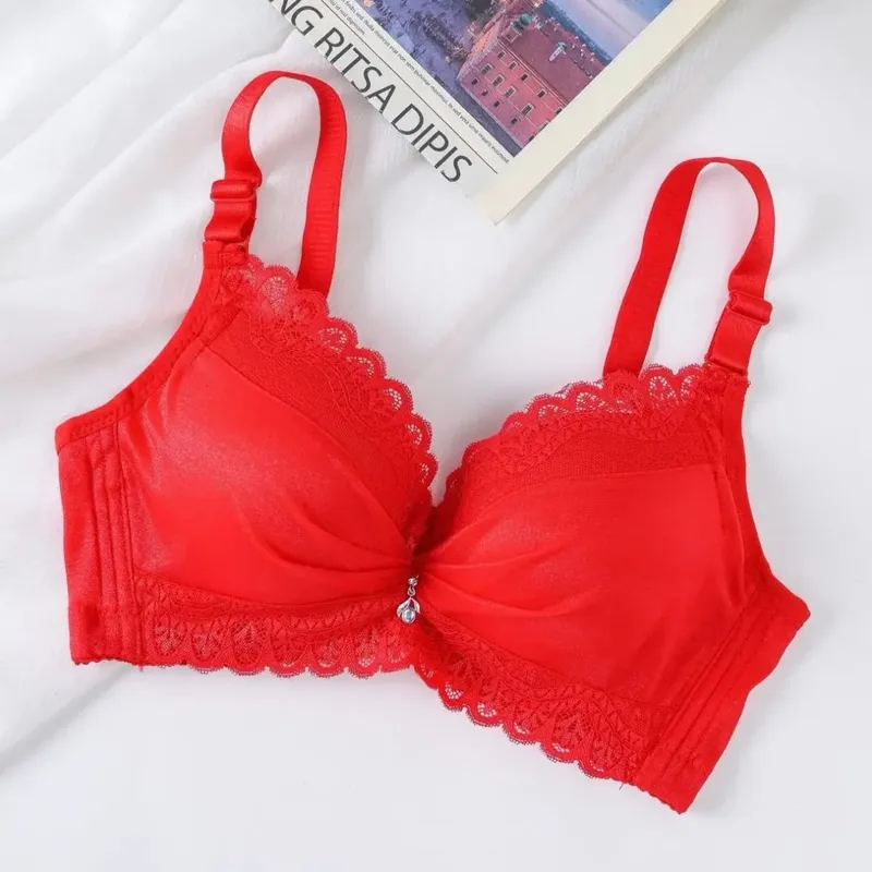 Ultra-Thick Push Up Bra with Side Support 8cm Thick Cups Lace Gathered Lingerie Wireless Full Coverage Bra for A/B Cup