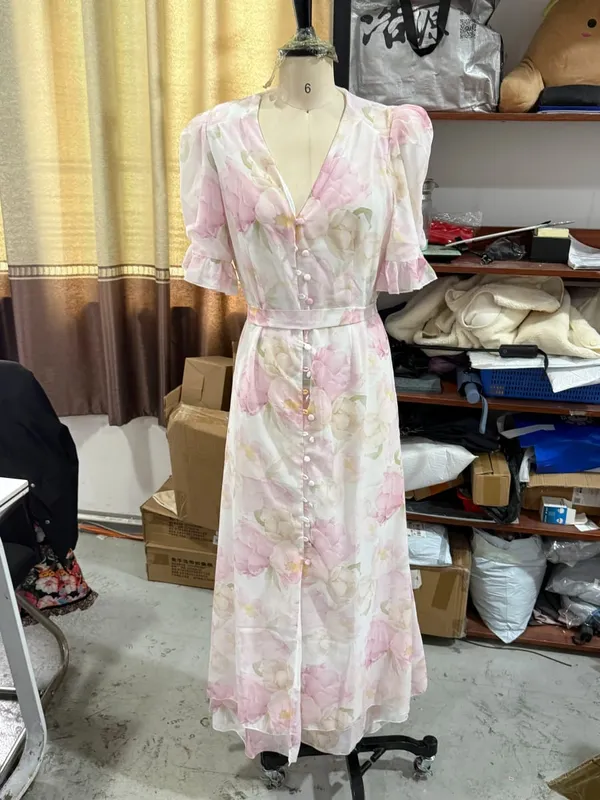 Women Floral Print Chiffon Maxi Dress Romantic Deep V-neck Flutter Sleeve High Low Lace Trim Dress 2026 Summer Elegant Lady Gown