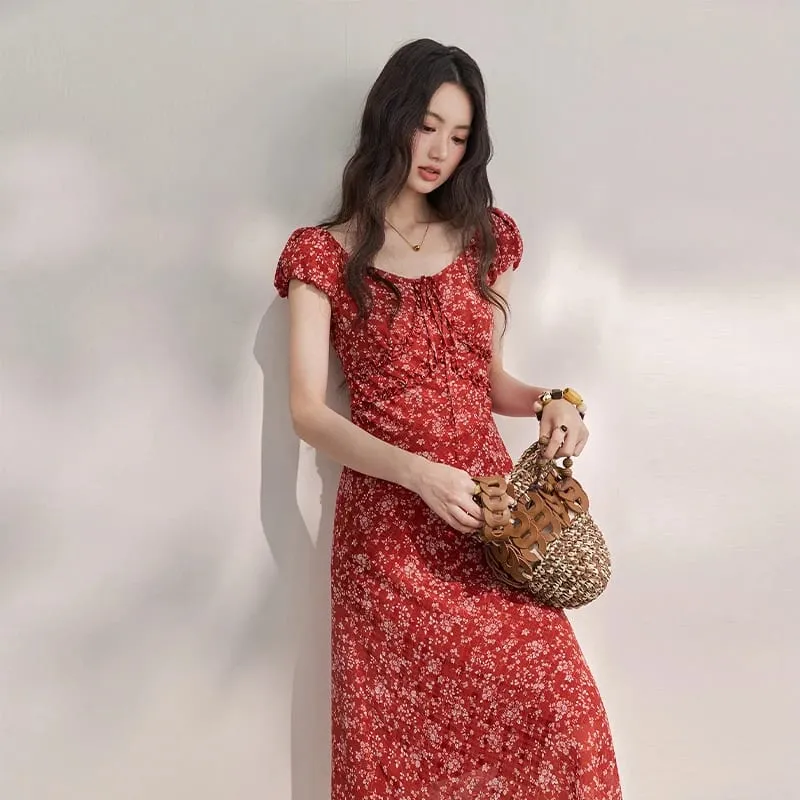 Women's Vintage Red Floral Chiffon Midi Dress 2026 Summer Square Neck Ruffle Tie Front Slim Long Dresses MXF24L2716