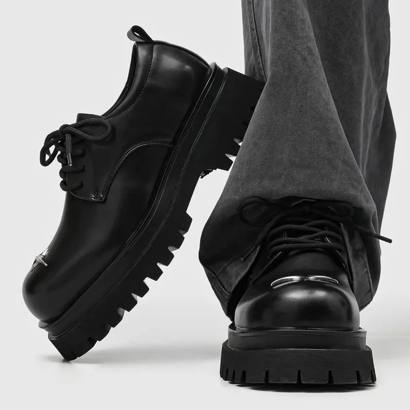 Men's Lace‑Up Platform Derby Shoes Metal Decor Chunky Sole Fashion Casual Footwear Non‑Slip Daily Walking Shoes