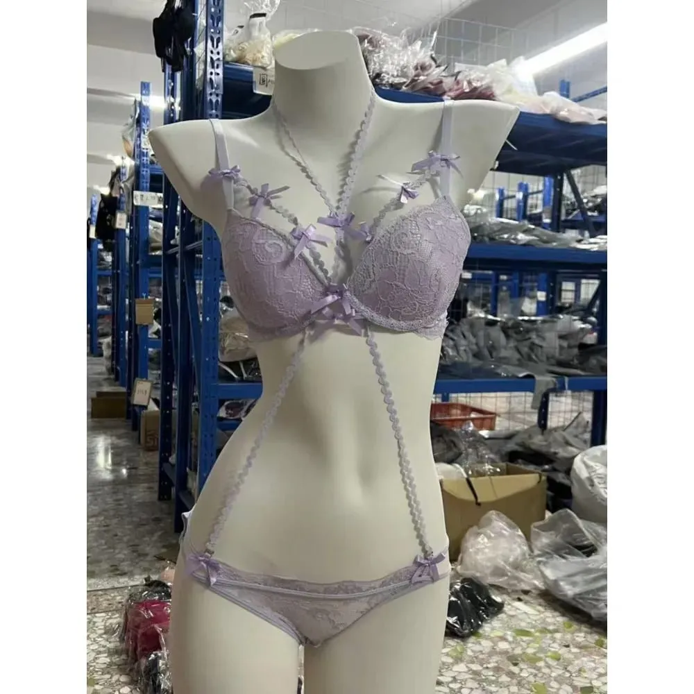 1. BANERDANNI نمط نقي النساء الملابس الداخلية دعوى الأرجواني رقيقة حزام Bowknot الراحة ملابس داخلية جيدة التهوية مجموعة حجم 32-38 ملابس حميمة