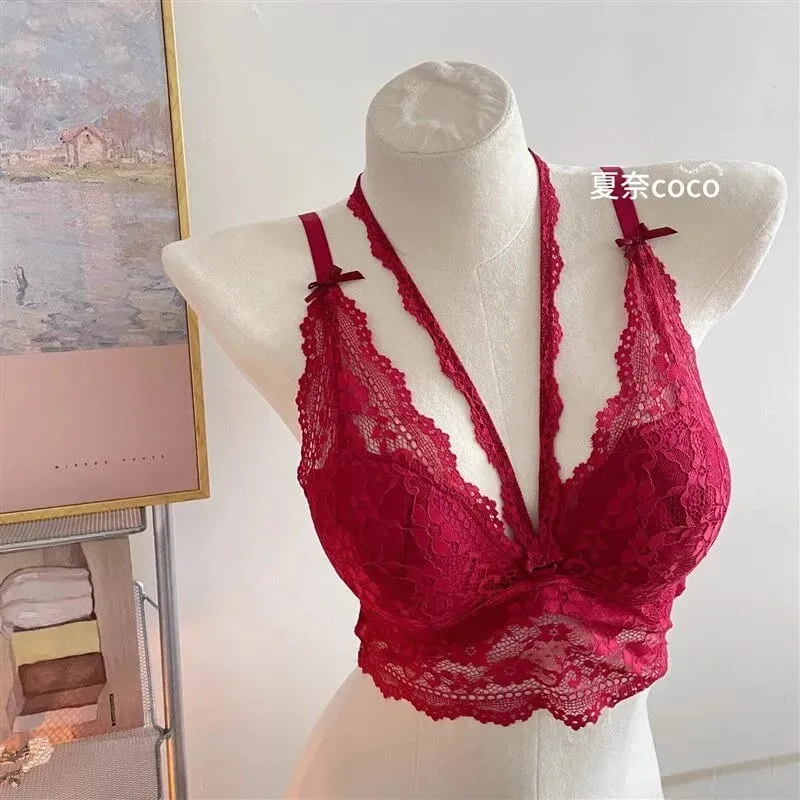 French Lace Wide Strap Thick Top Inner Lace Layer No Underwire Bra Set Petite Women Small Bust Comfort Lingerie Set 32-38 S-XL