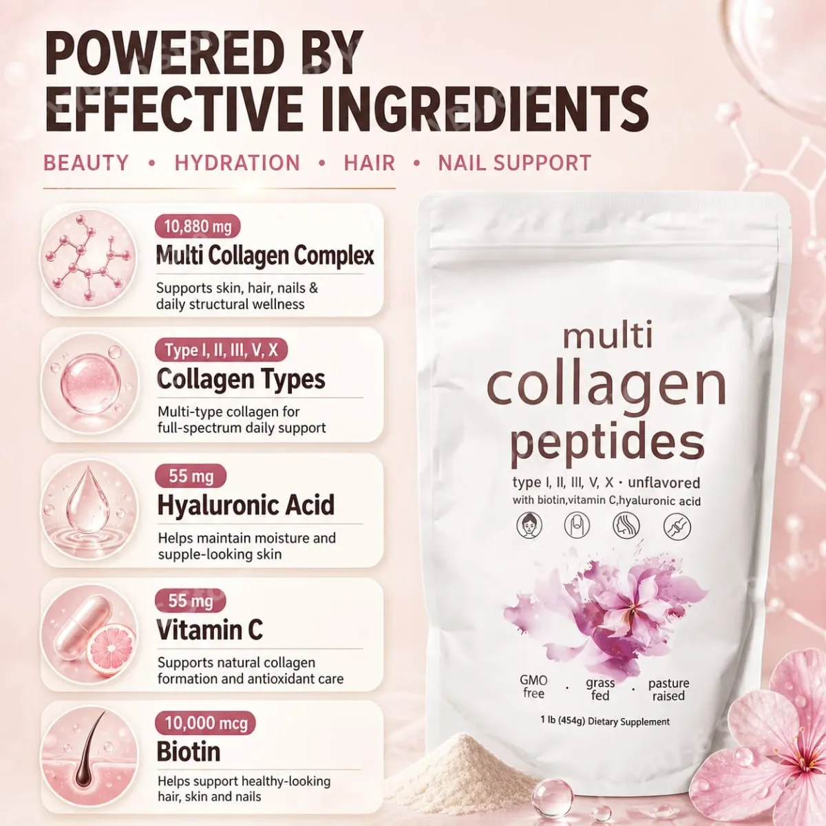 Serbuk Peptida Multi Kolagen 454g Campuran Kolagen Tanpa Perisa dengan Vitamin C Biotin Asid Hyaluronik Kulit Sokongan Kuku Rambut