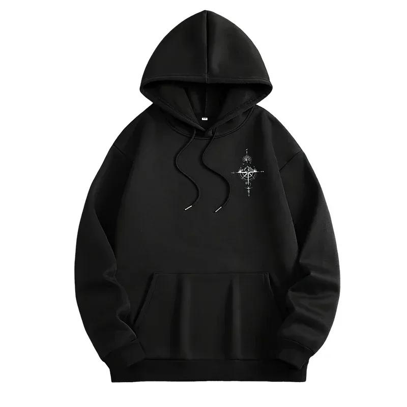Vintage Compass Print Hoodies for Men High Quality Hooded Long Sleeve Pullover All Season Daily Casual Sports Tops Men's Clothes