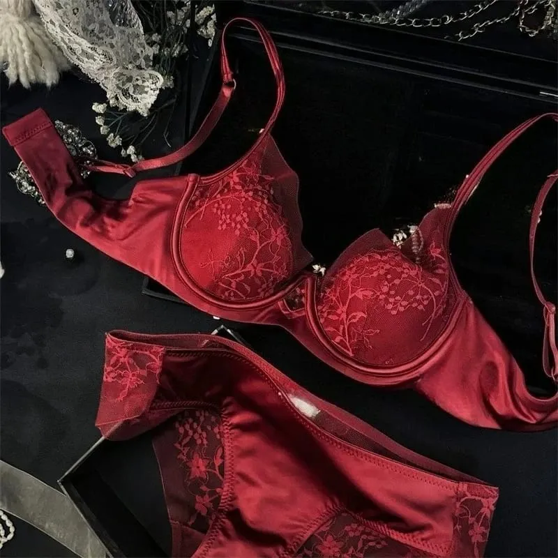 French Satin Lace Ladies Bra Set Push Up Anti Sagging Full Coverage Lingerie Soft Breathable Comfort Underwear Daily Use 32‑38AB