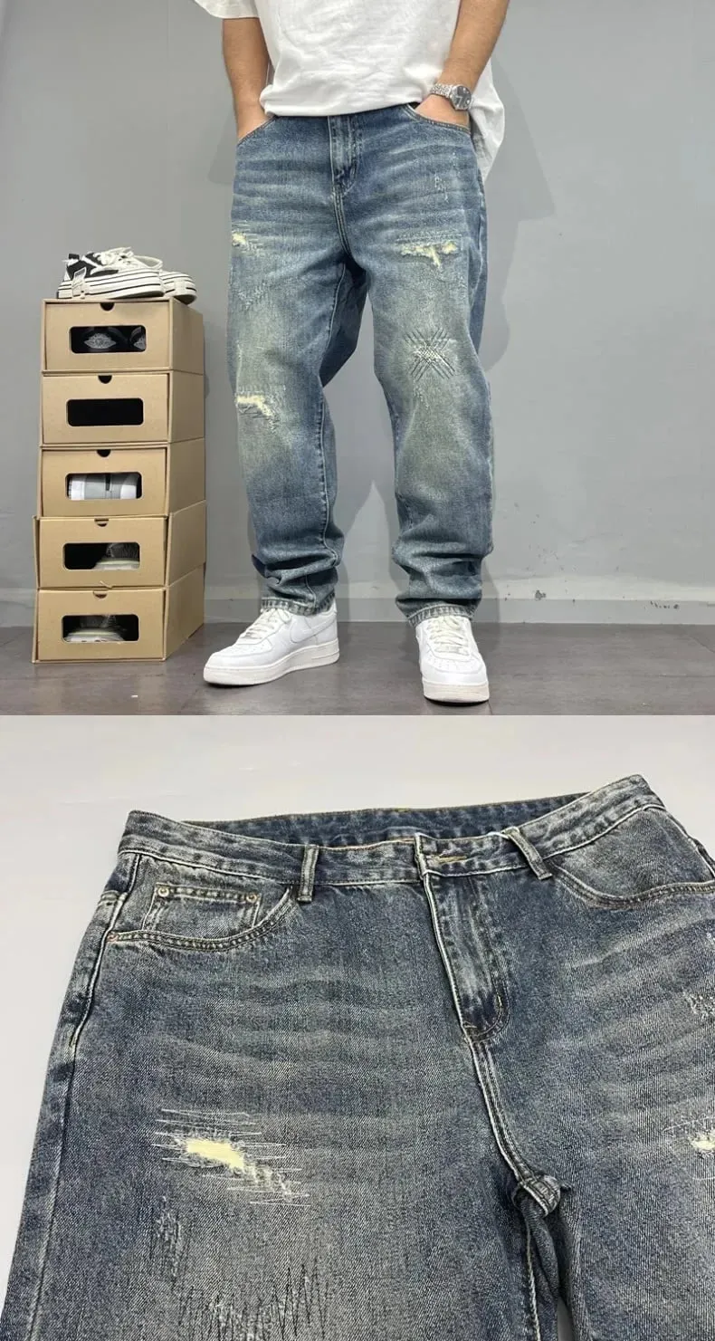 2025Heavy Duty Washed and Scraped Denim Men's Trendy High-end Embroidered Printed Loose Tapered Straight Leg Jeans