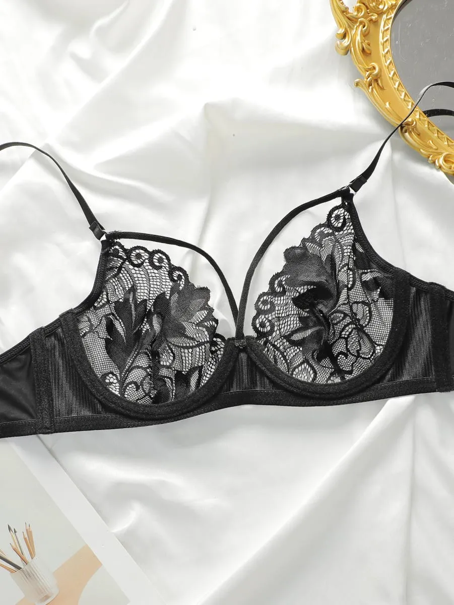 Sexy Black Lace Underwire Unpadded Bra & Panty Set Demi Cup Push Up Bras for Women Matching Lingerie Set Valentine's Day