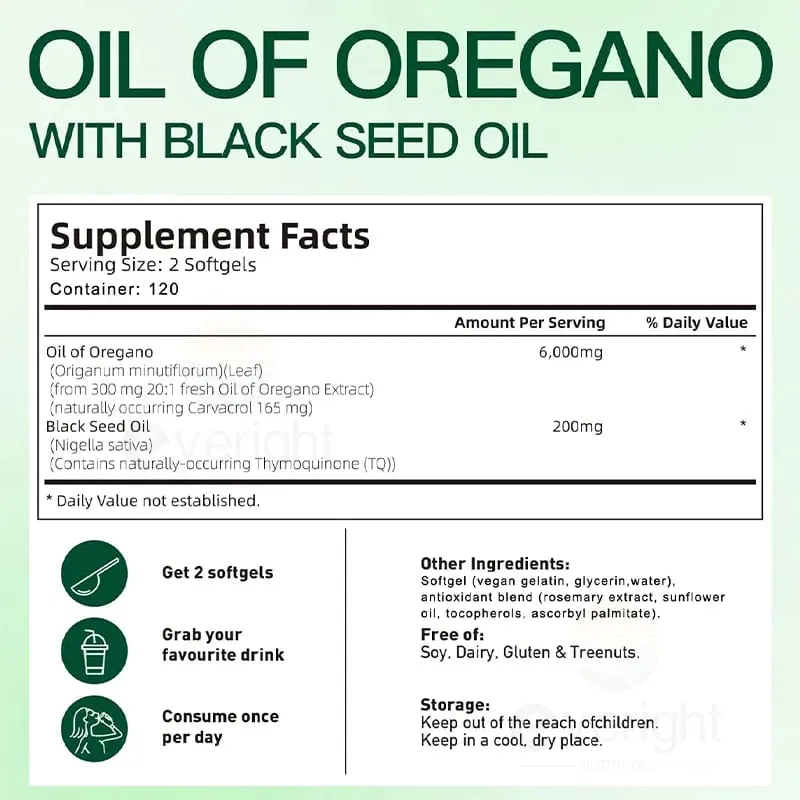 Organic Oregano Oil with Black Seed Oil – Antioxidant Digestive Support Intestinal Flora Balance & Immune System Health