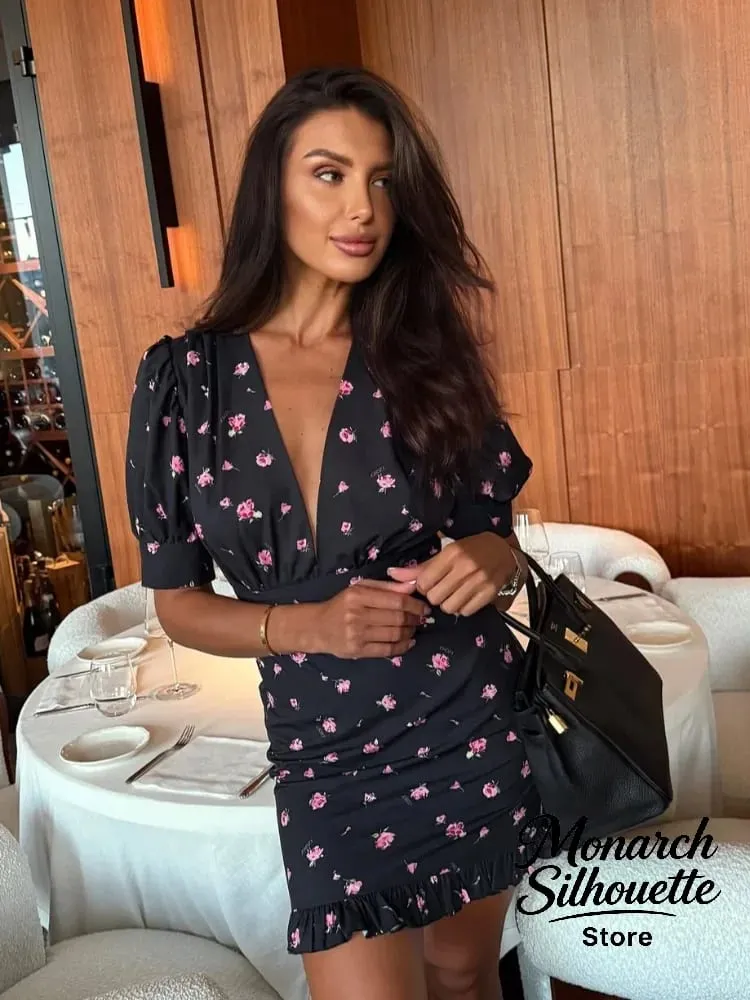 Chic Printed Slim Fit Mini Dress Women Elegant V-neck Puff Short Sleeves Waist Cinching Dresses 2026 Summer Lady Party Robes New