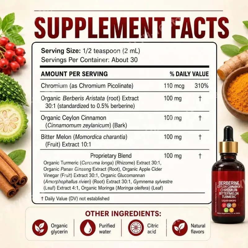Berberine Liquid Drops Ceylon Cinnamon Chromium Bitter Melon & Turmeric Extract Multi-Ingredient Metabolic Support 60 ML
