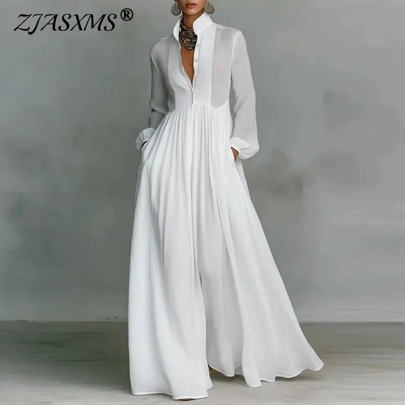 Francouzské elegantní swingové dlouhé šaty s vysokým pasem žena jarní plné kapsy plisované maxi šaty podzimní večerní šaty s dlouhým rukávem — image 2