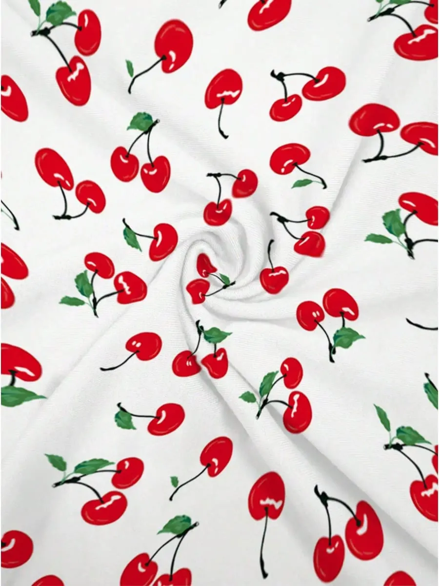 Elegant Casual round Neck Solid Color Cherry Print Pocket Short Sleeve Mini Skirt Long Dress Comfortable Fashionable Women's Dre