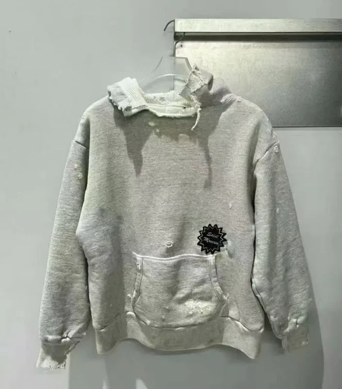 26FW SAINT x Ber B J Co-brand Big Logo Printed Women Men Washed Hooded Sweatshirt Hoodies Vintage Distressed Men Casual Hoodie