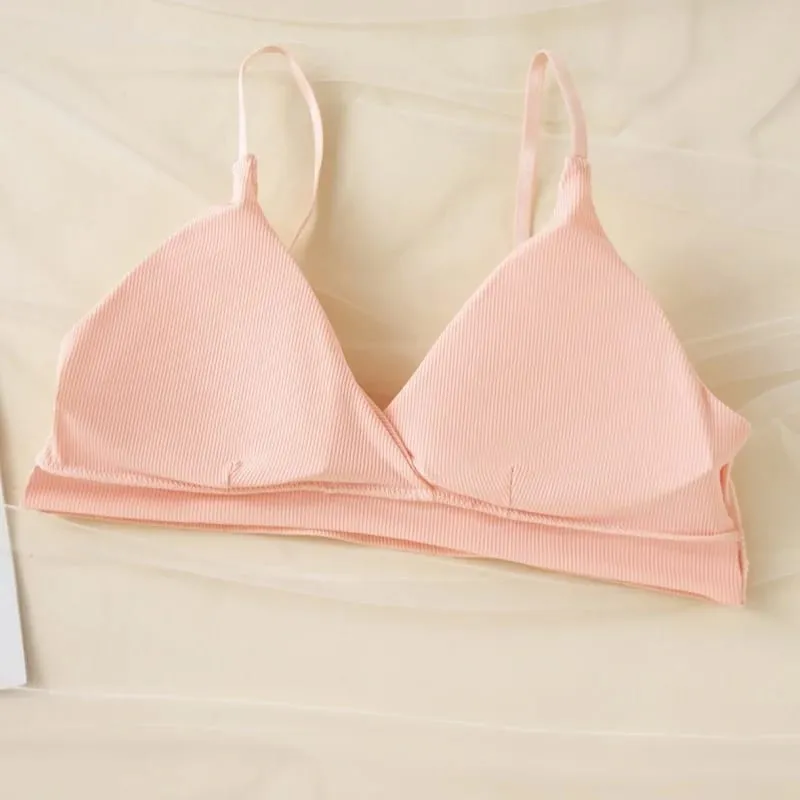 Women Ribbed Triangle Bra And Panties Set Wireless V Neck Thin Strap Bra Low Waist Briefs Ladies Removable Pads Lingerie Set