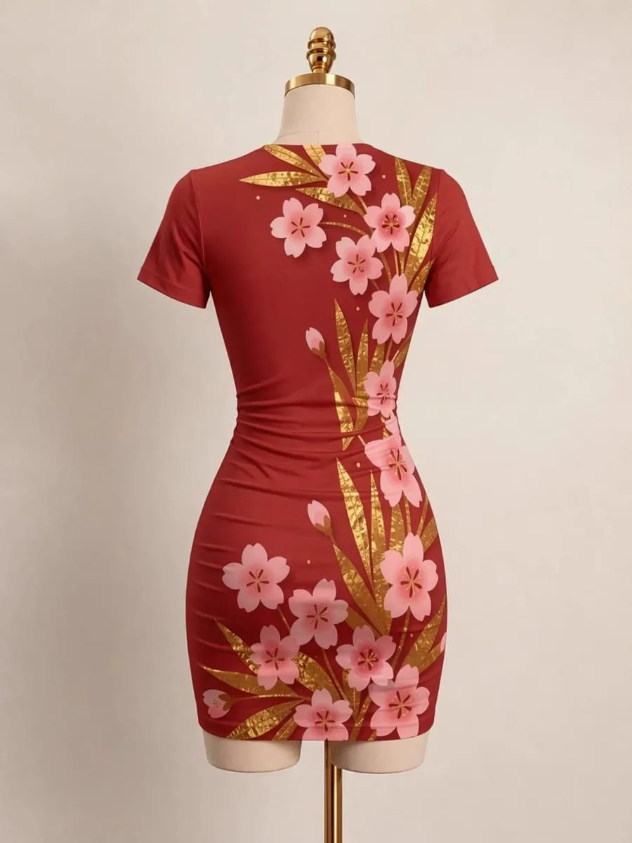 Womens Short Sleeve Bodycon Mini Dress Slim Fit Crew Neck Floral Print Casual Summer Party Cute Sweet Slimming Vacation Sundress — image 4