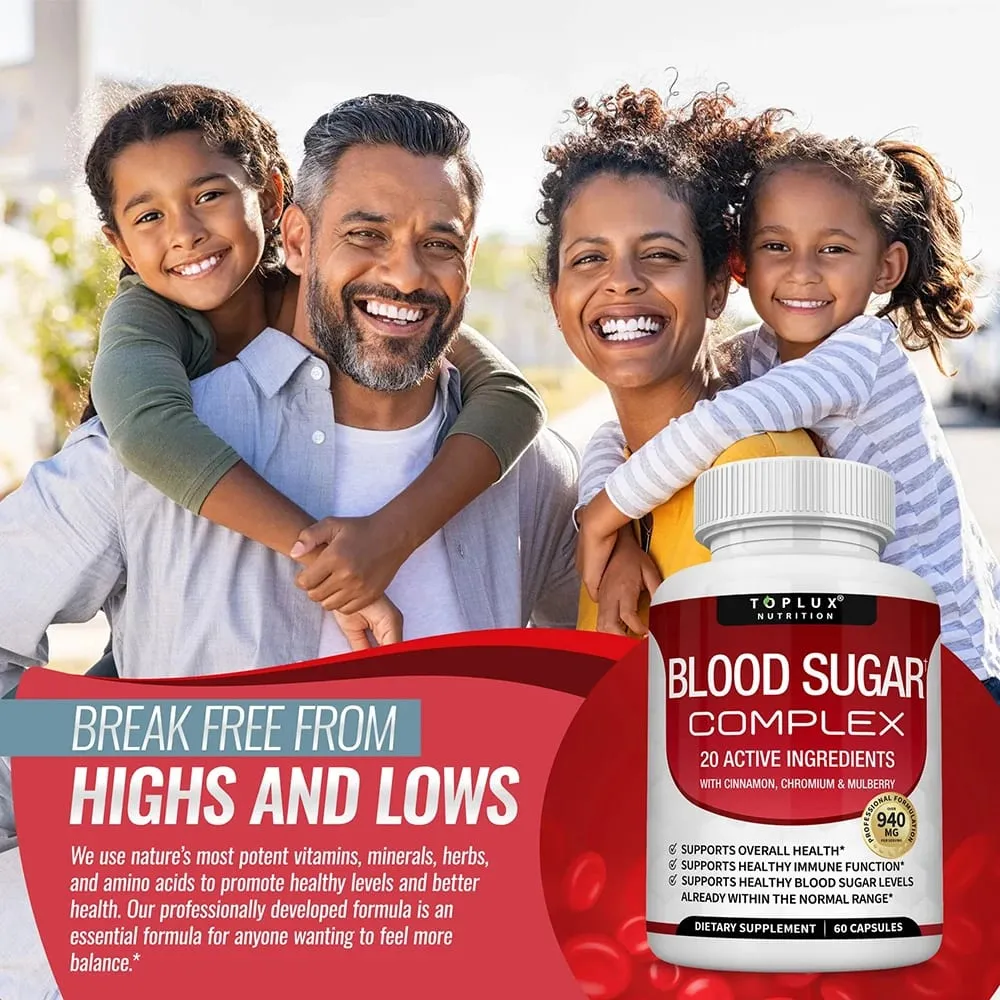 Premium Natural Blood Sugar Complex Supplement for Men & Women - Naturall 20 Herbs and Vitamins with Cinnamon Non-GMO Vegan