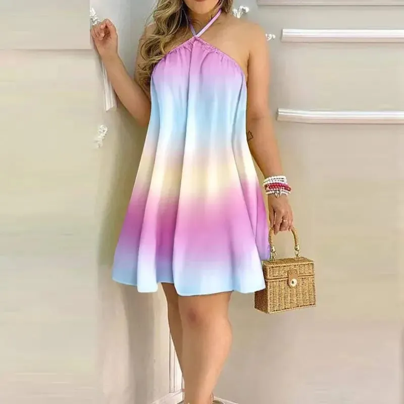 Women Halter Neck Floral Leaf Print Mini Dress Sleeveless Loose Swing Sundress Beach Vacation Casual Short Dress — image 4
