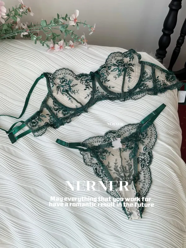 Sexy Transparent Lace Bra French Embroidery Thin Push‑Up Gather Bra For Men Crossdresser Sheer Lingerie Underwear