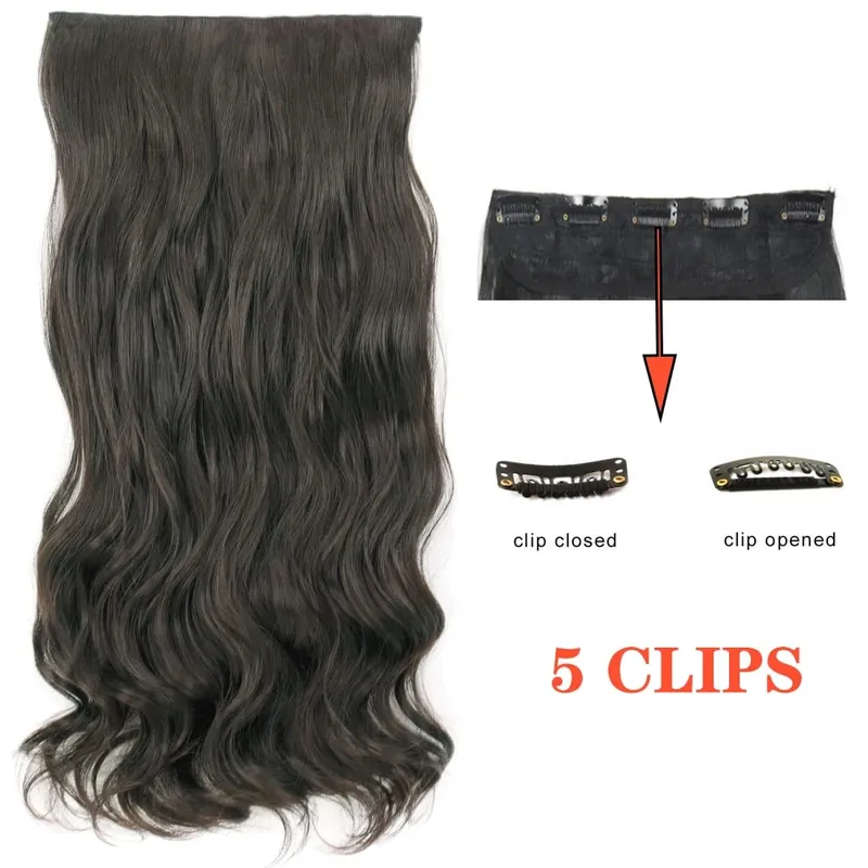 Synthetic Long Wave 5 Clips Hair Extensions Clips in High Temperature Fiber Black Brown Hairpiece