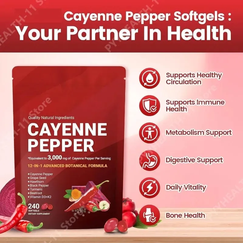 Supplément de gélules au poivre de Cayenne avec pépins de raisin betterave curcuma vitamines D3 K2 à base de plantes soutient la santé des vaisseaux sanguins des veines des jambes