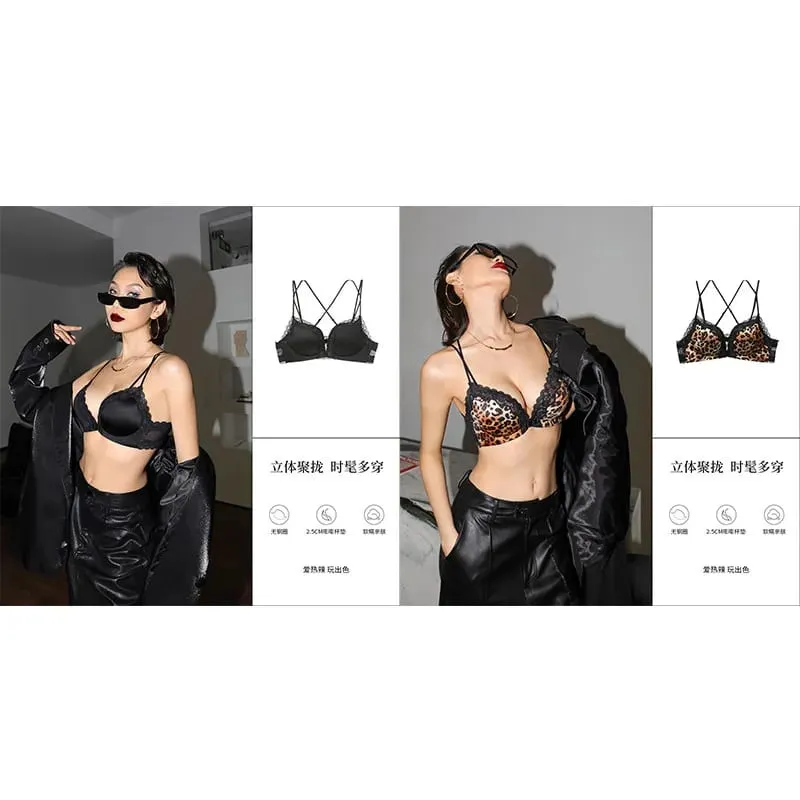 Victoria Style Wireless Lingerie Set Pink Leopard Pattern Front Closure Bra Sensual Back Push Up for Small Bust 32-38