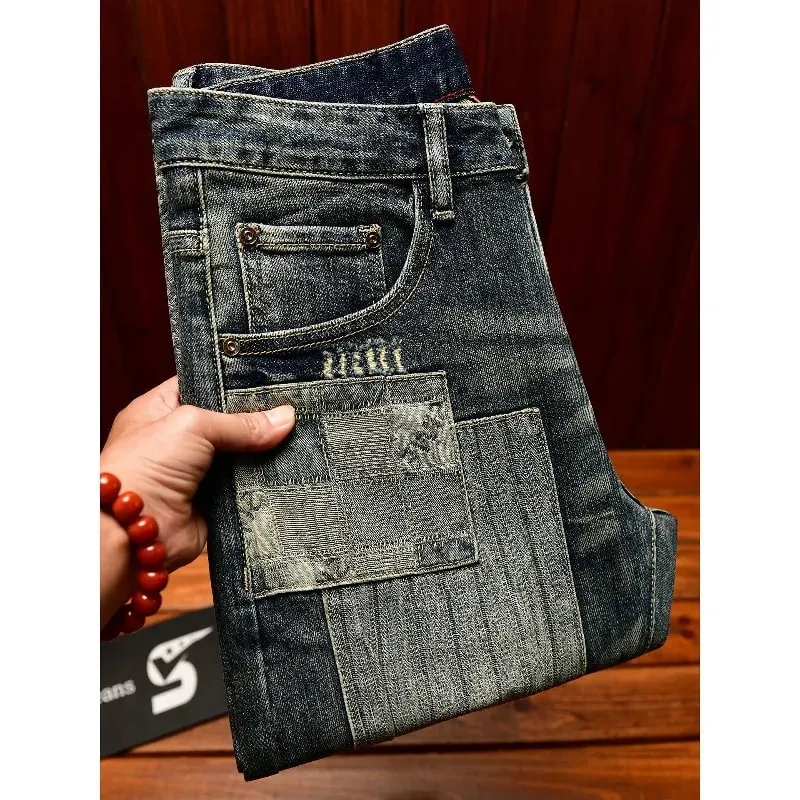 Retro and nostalgic patchwork design jeans for men trendy and fashionable street men's clothing slim fit small foot long pants