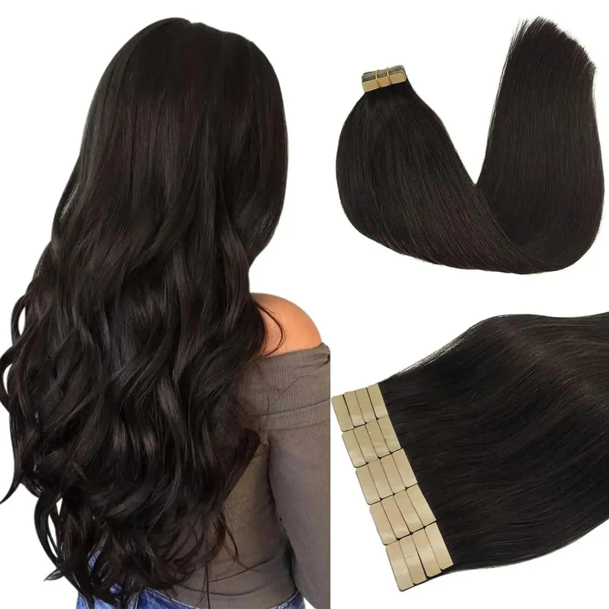 Tape In Hair Extensions Human Hair 16-24 Inch Seamless Invisible Remy Hair Extensions Tape Ins For Women Brazilian Natural Black 21Pcs 50g 100% Human Hair