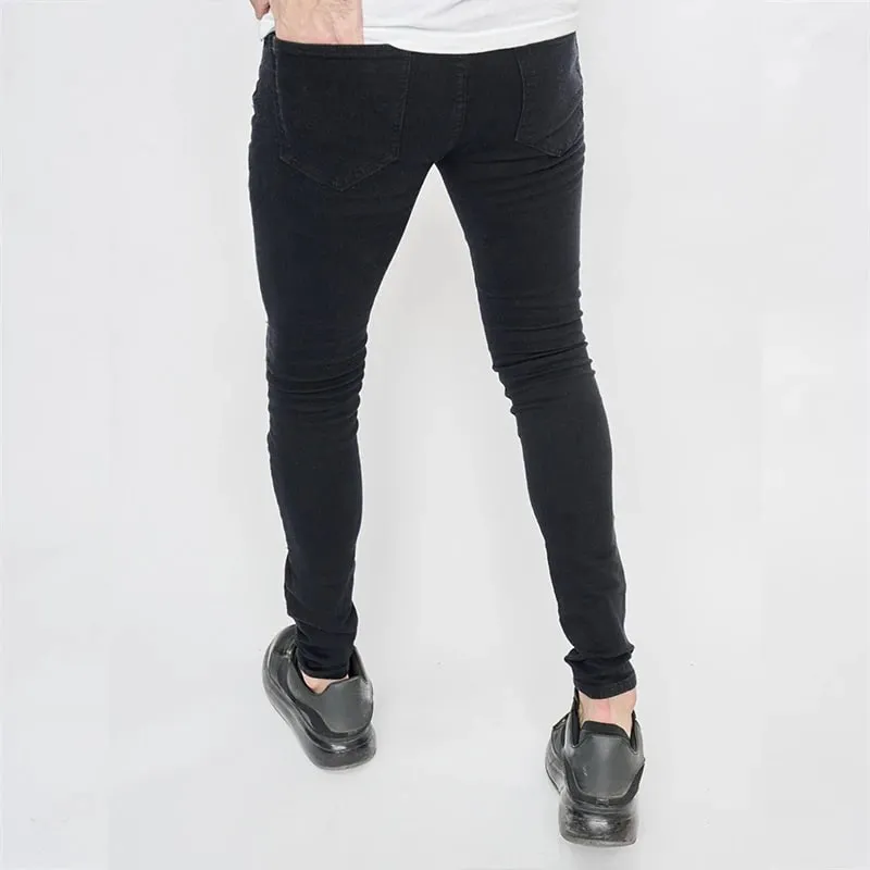 Black Skinny Stretch Ripped Jeans Men's Slim Distressed Kpop Y2K Hip Hop Rock Pants Street Style Ripped Stretch Denim Trousers