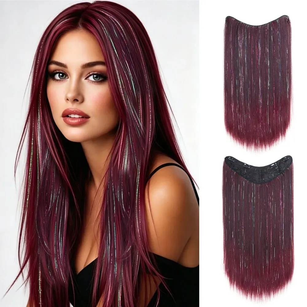 24Inch High‑Temp Fiber Straight Synthetic Long Hair Extensions Mixed Shiny Laser Tinsel Strands Hairpiece Women Party Halloween