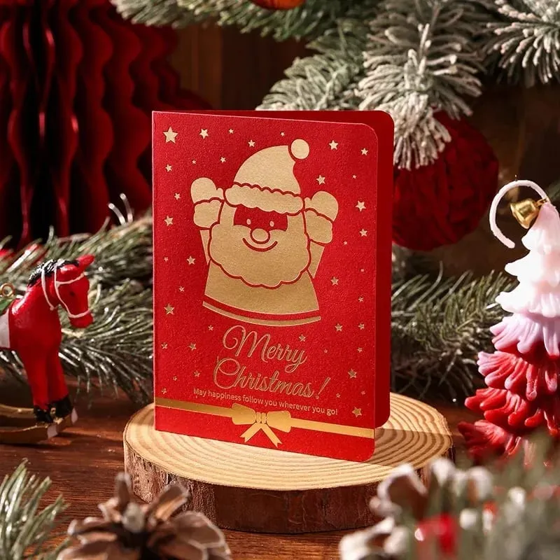 10Pcs Vintage Gold Foil Christmas Folding Greeting Cards Multi Pattern Blessing Holiday Cards New Year Postcard Gift Cards