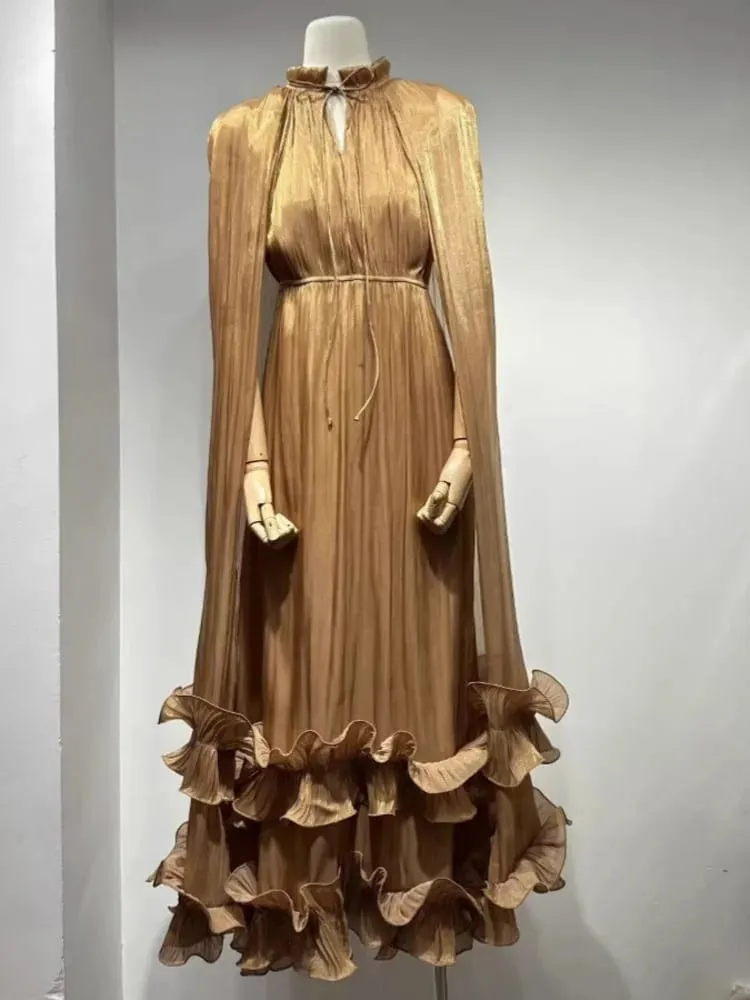 Commuting Style V-neck Cape Style Black Fungus Edge Double-layer Hem Dresses For Women 2026 Autumn New — image 3