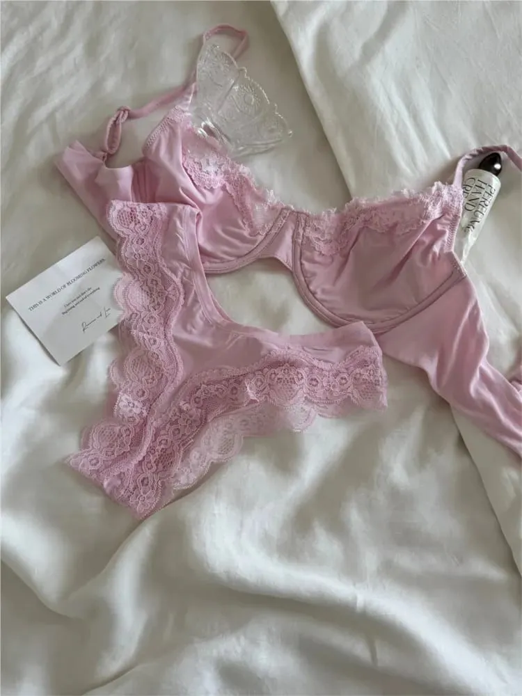 สีชมพูUnlinedเต็มถ้วยBraชุดUnderwire Lace Trim LiftสบายMinimalistไม่มีรอยต่อผิวทุกวันBrasและPanty