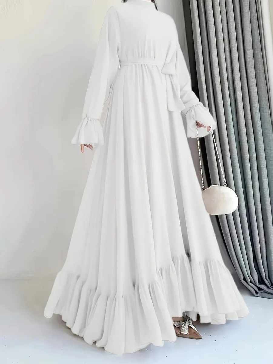 Elegant Solid Color Long Sleeve Dress Casual Loose Strap round Neck Flared Skirt Patchwork Pleated Gown for Women