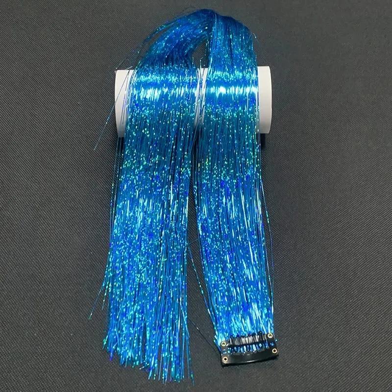 Synthetic Rainbow Tinsel Hair Extensions Clip In Shiny Glitter Wig Hairpiece for Women Party Cosplay Daily DIY Hair Accessory