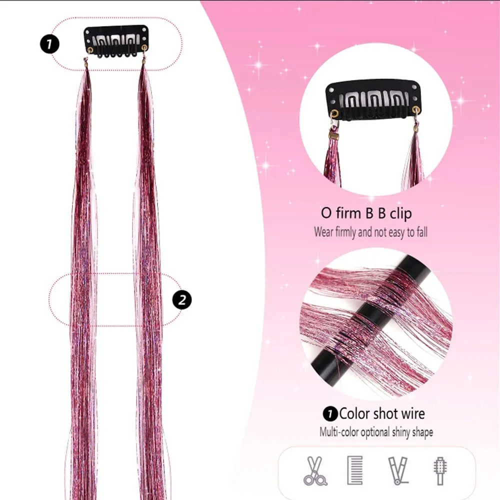 Multi-color Laser Wire Hair Extensions Shiny Tinsel Clip-in Hair Pieces Glitter Colored Hair Strands for Daily & Party Hairstyle