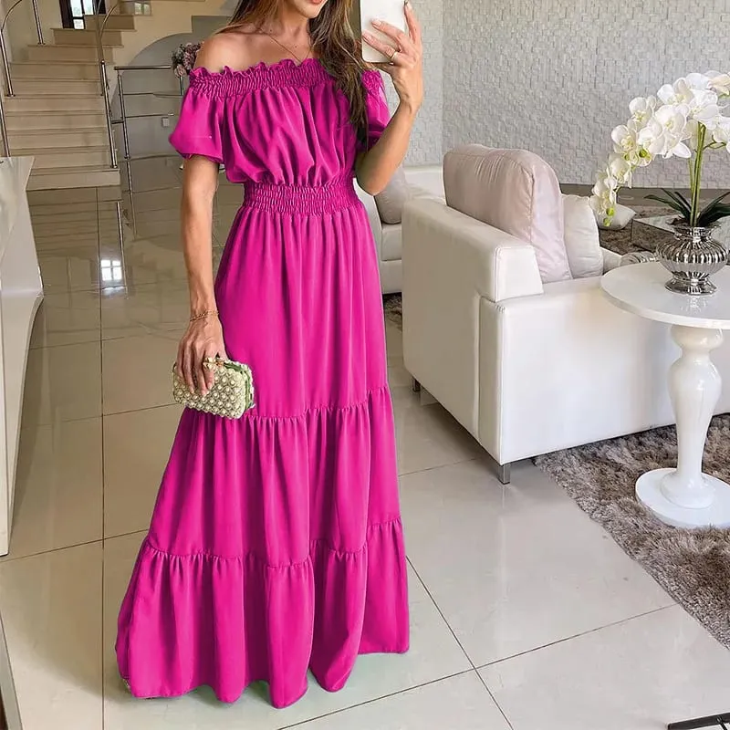 2025 Summer Solid Boho Dress Women Fashion Elegant Beach Party Dress Casual Slash Neck Office Maxi Dresses For Woman Robe Femme